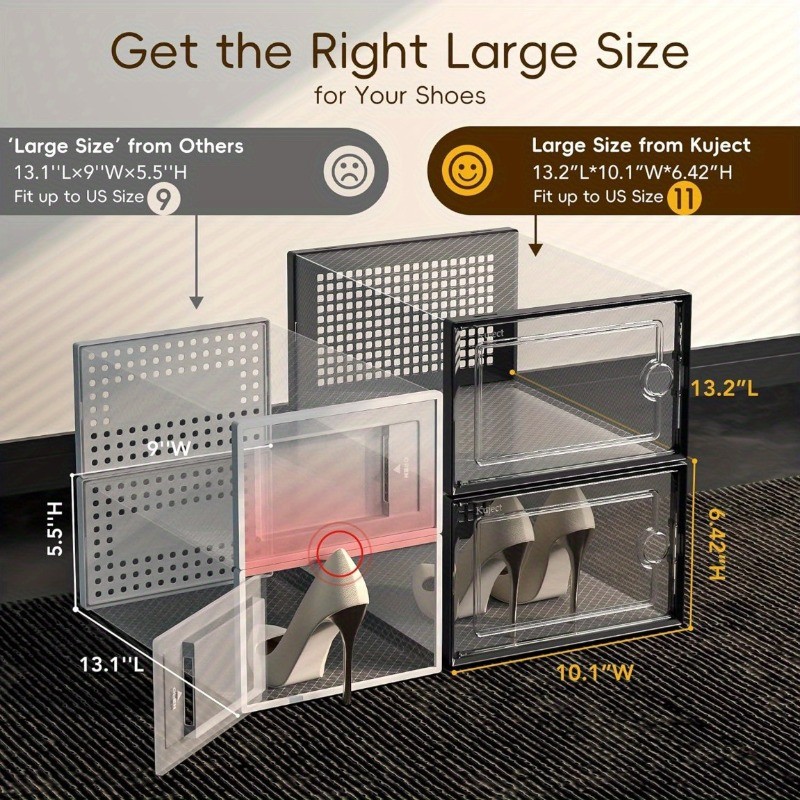 6/12 Pack XL Clear Drop Side Shoe Boxes Stackable Sneaker Storage Display Case
