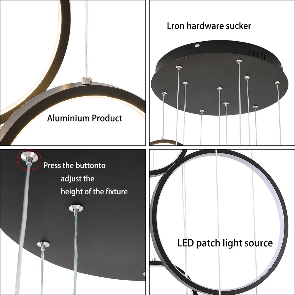 10 Rings Dimmable Black Pendant Light with Remote Control Adjustable Height New