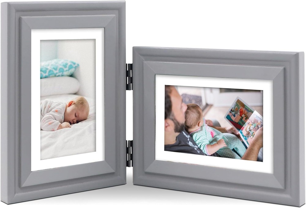 JD Concept Vertical Horizontal Combo, Double 5x7 Gray Wood Hinged Picture Frame,