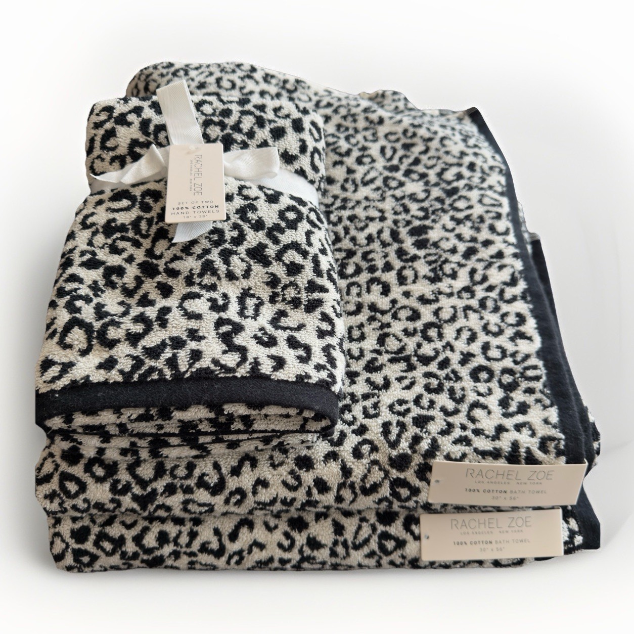 4 Rachel Zoe Animal Print Leopard Cheetah White Black 2 Bath 2 Hand Towels Set 4