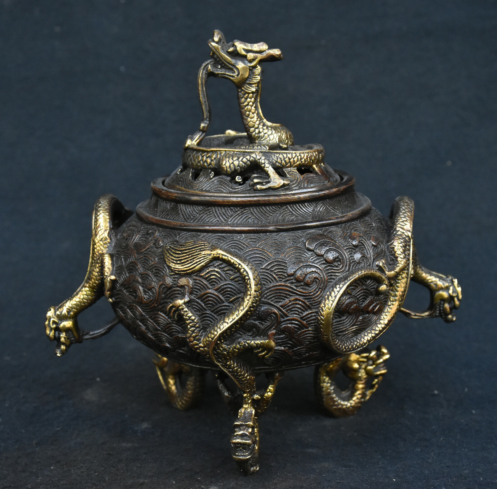 Old Chinese Dynasty Bronze Gilt Animal Dragon Loong Beast Incense Burner Censer