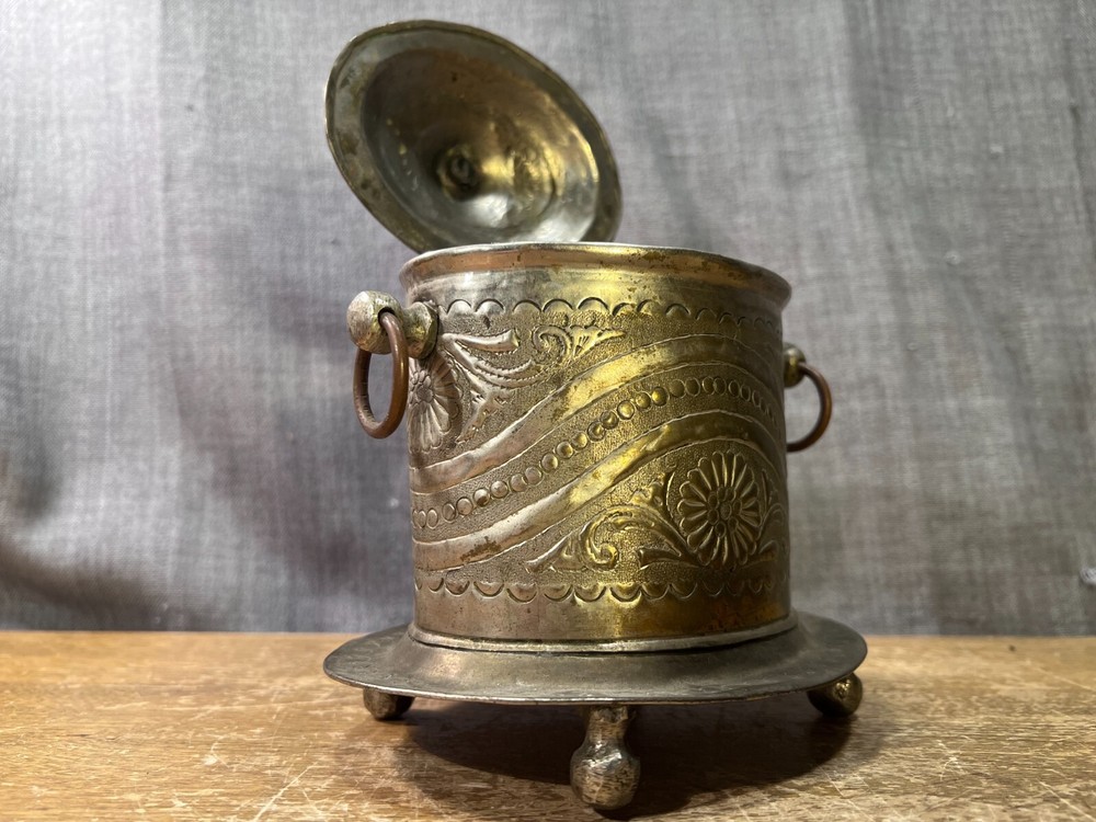 Antique Turkish Tea Coffee Container Caddy Footed Lidded Embossed Metalware