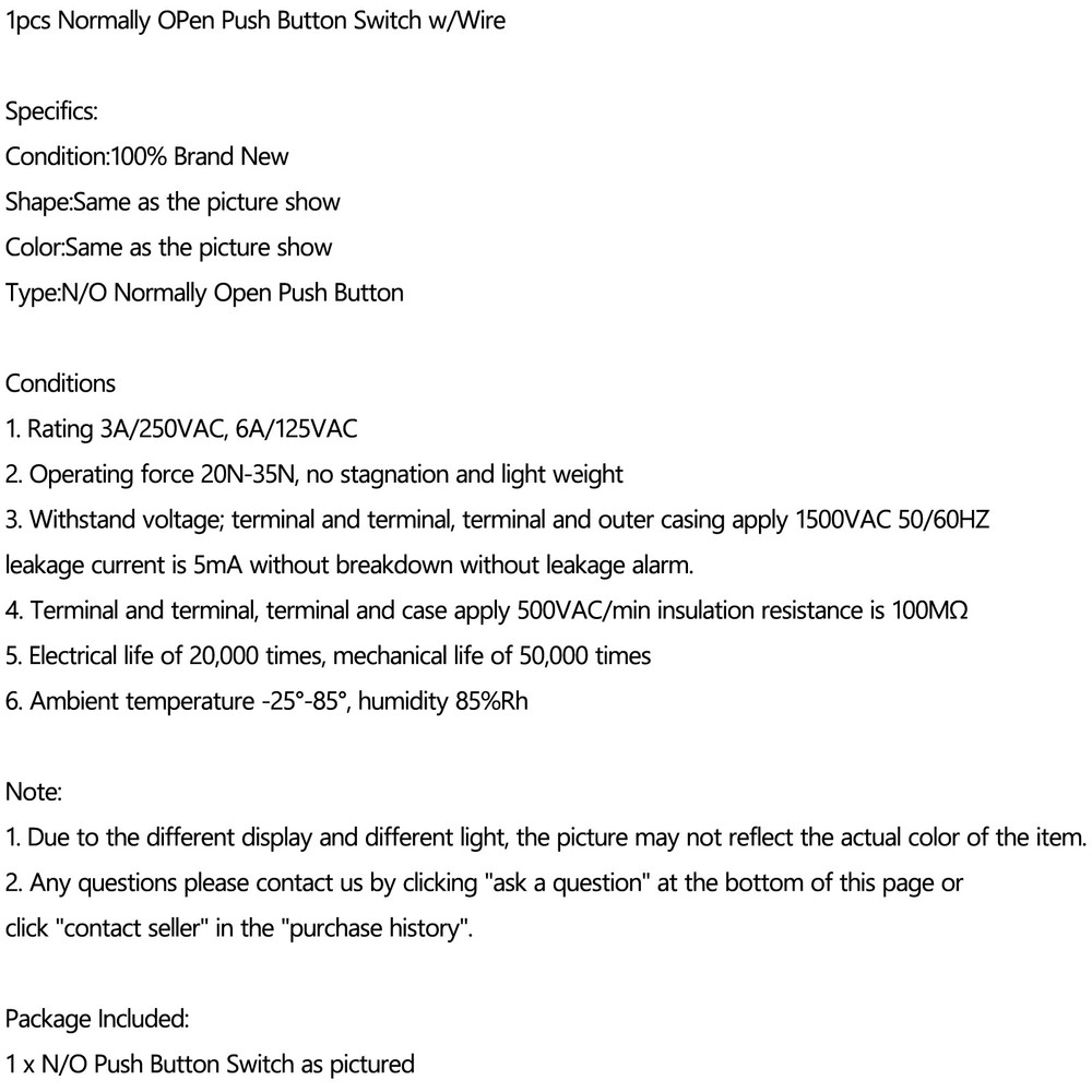 1pc Normally Open Momentary Self-resetting Push Button Reset Switch w/Wire Black