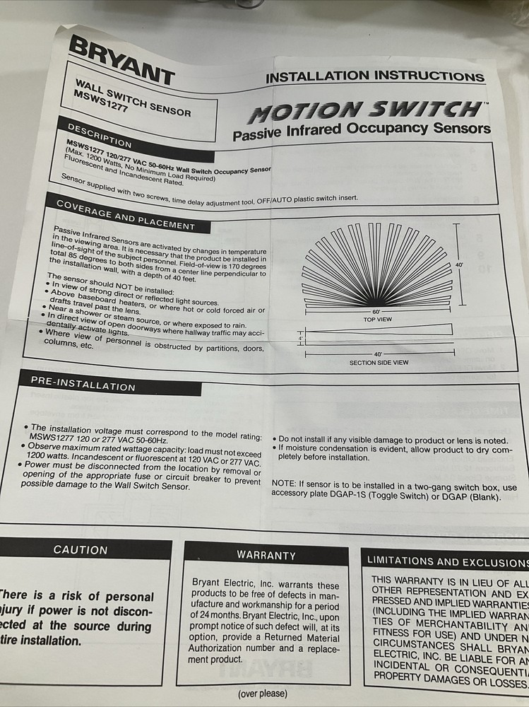 Bryant Infrared Motion Switch MSWS1277