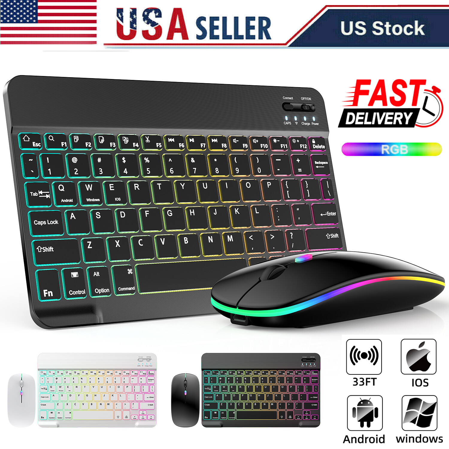 RGB Wireless Keyboard & Mouse Combo - Backlit Bluetooth Set for iPad/PC/Laptop U