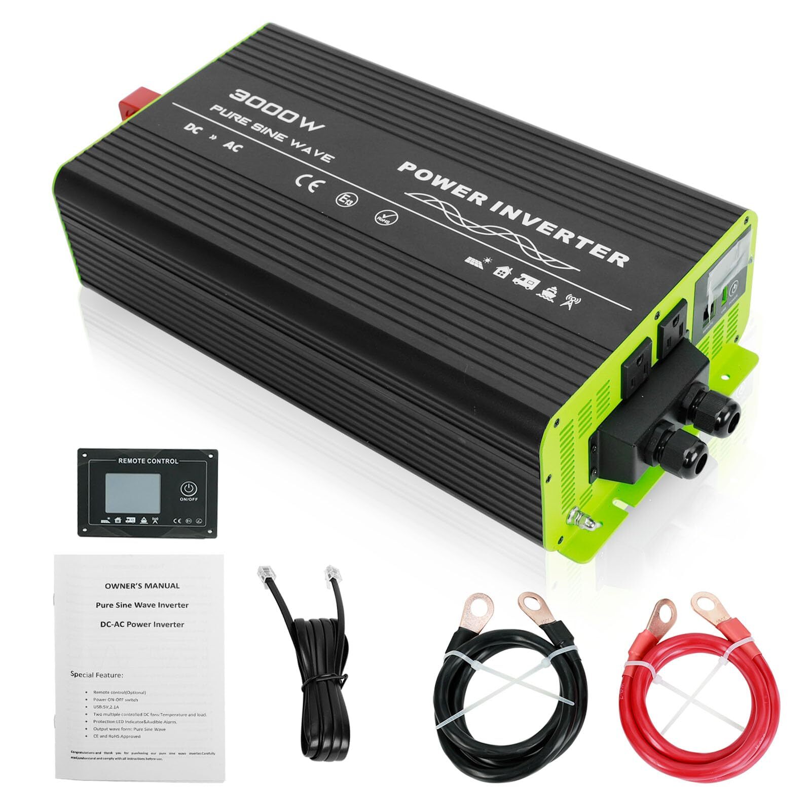Pure Sine Wave Inverter 3000W 12V DC to 120V AC Converter for RV Camper