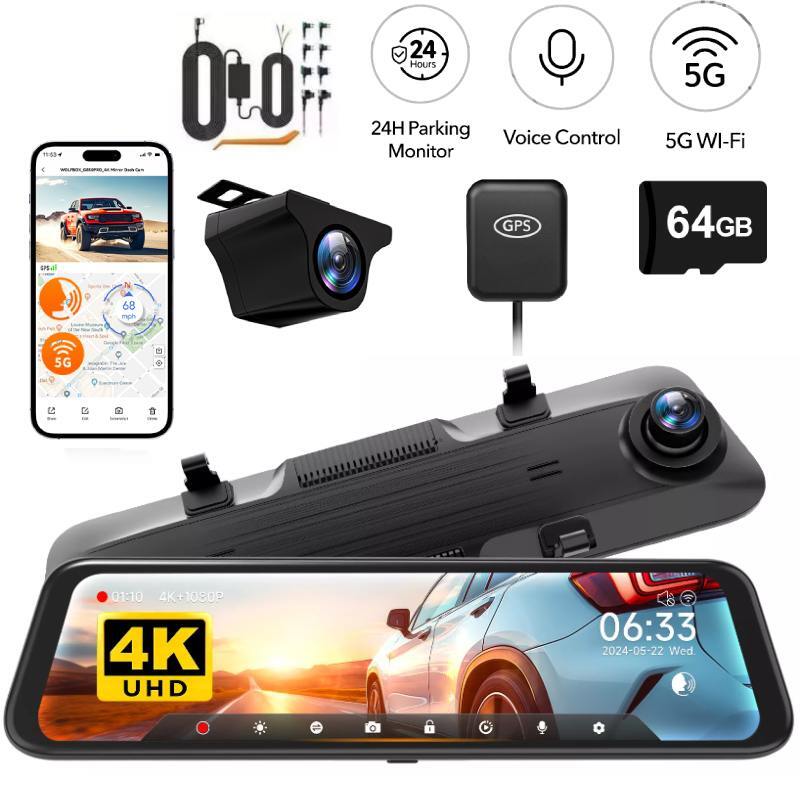 WOLFBOX 4K 12" Mirror Dash Cam Front and Rear Inside 5G WiFi Parking Monitoring