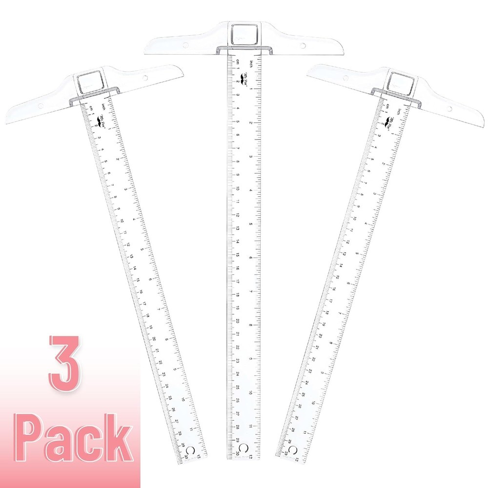 - 12 Inch Plastic T-Square, 3-Pack - Drafting & Crafting T-Square Ruler - Clear