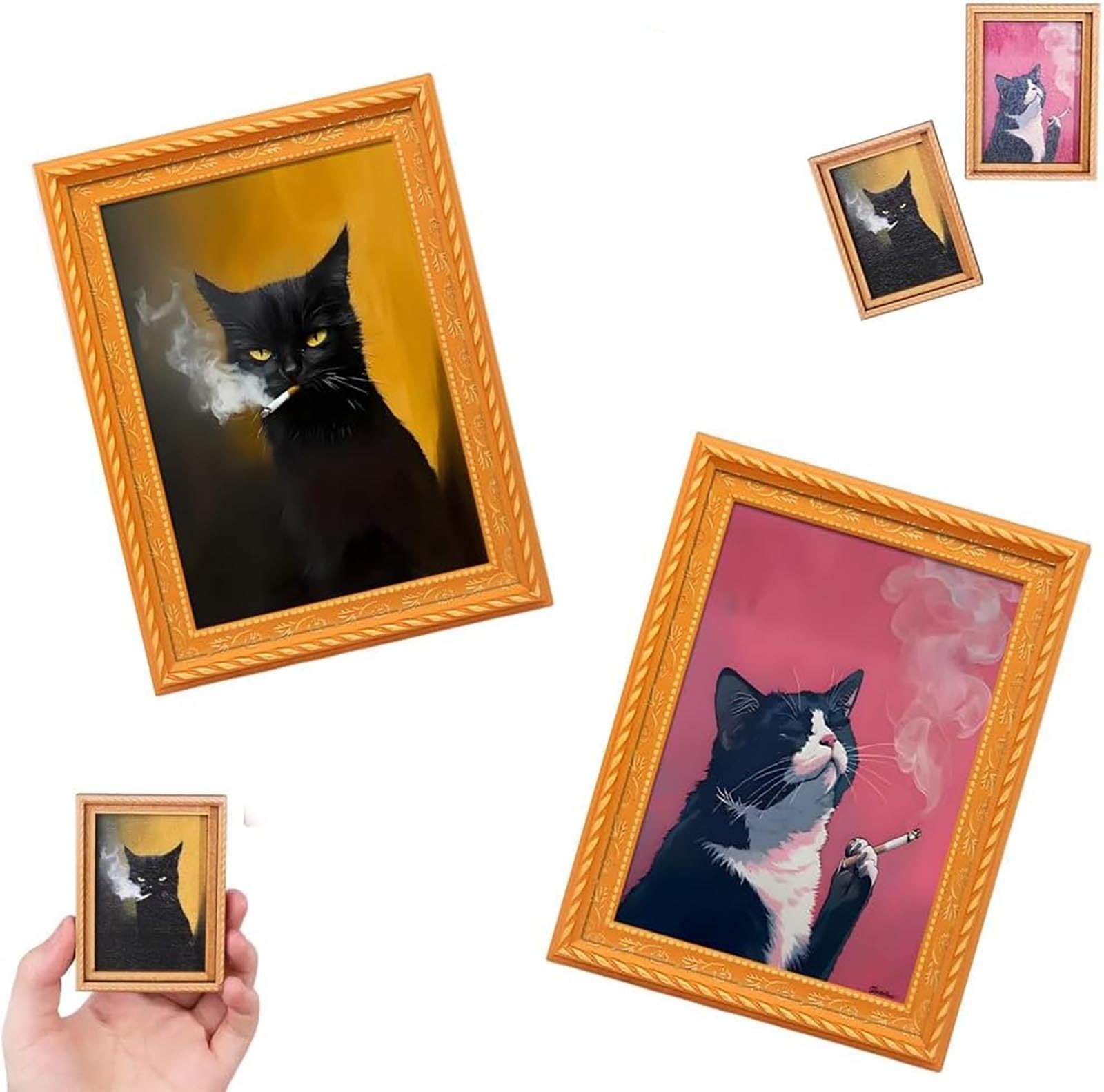 2PCS Refrigerator Magnets Wooden Rebellious Cat Smoking Art Print Fridge Magnets