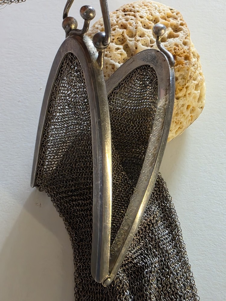 Antique Solid Silver 800 German Small Mesh Handbag Purse with Mesh Handle Strap.