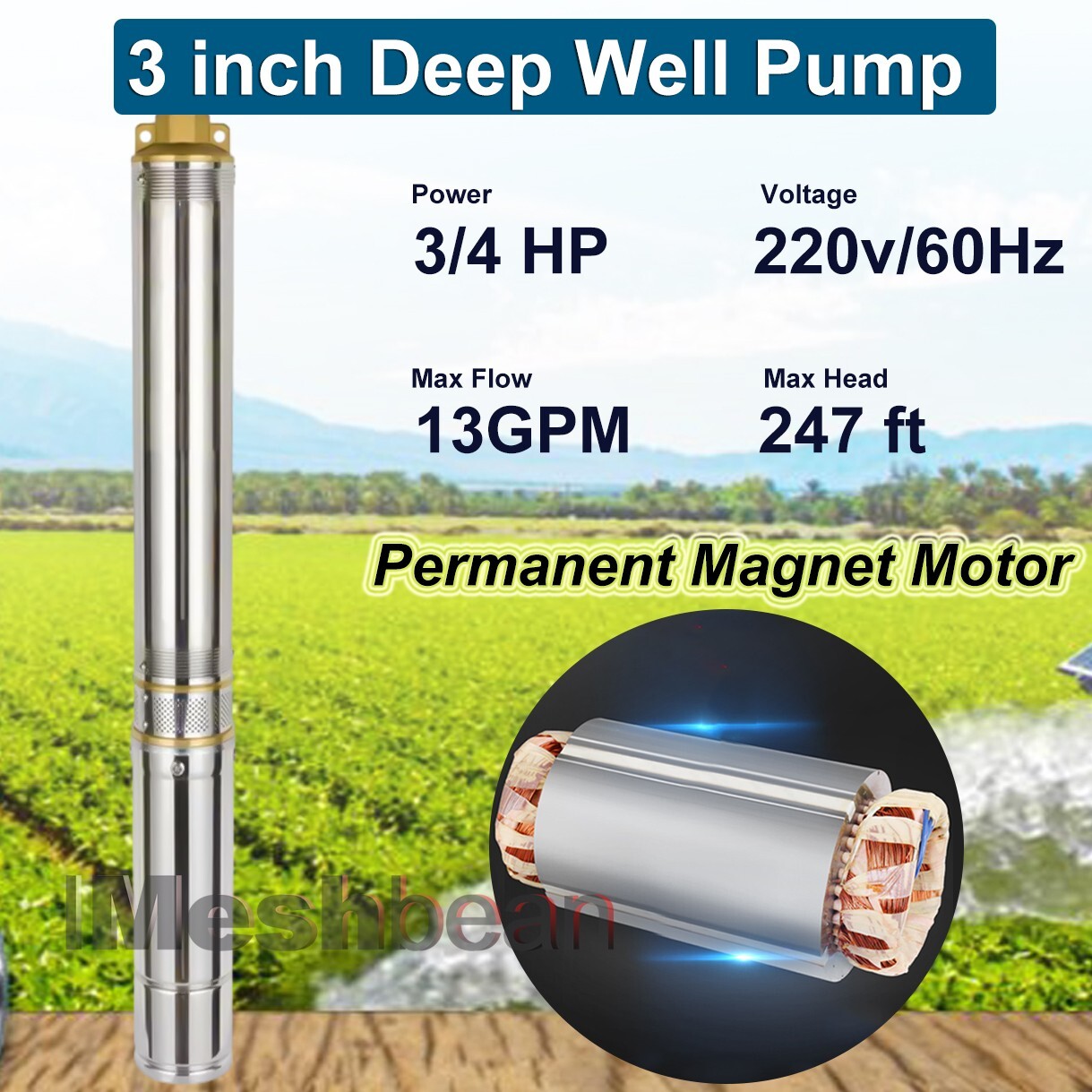 3/4 HP 3" Deep Well Submersible Pump, 220V, 13 GPM, 247 ft MAX,60Hz, 1.25 in NPT