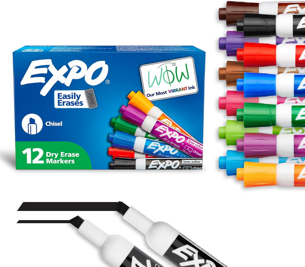 Low Odor Dry Erase Markers, Chisel Tip, Assorted Colors, 12 Count