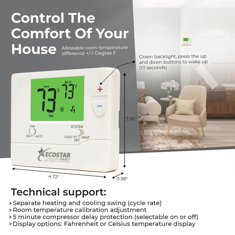 Non-Programmable Conventional Single Stage 1 Heat/1 Cool Energy Saving Digital