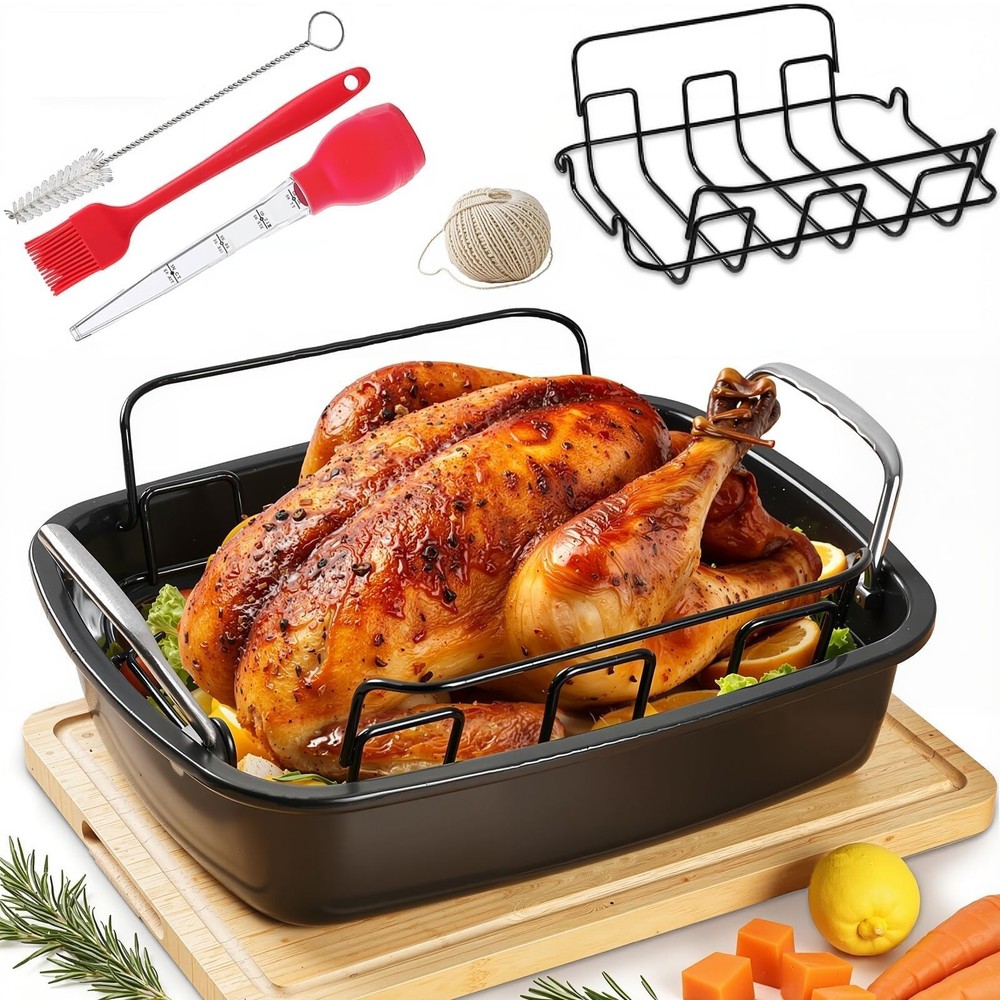 Large Nonstick Roasting Pan Kit with Rack (17x13 Inch) - Includes Baster, Pas...