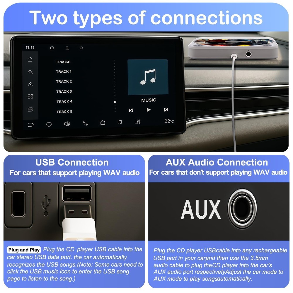 External Portable CD Player for Car, Plug and Play Car with white