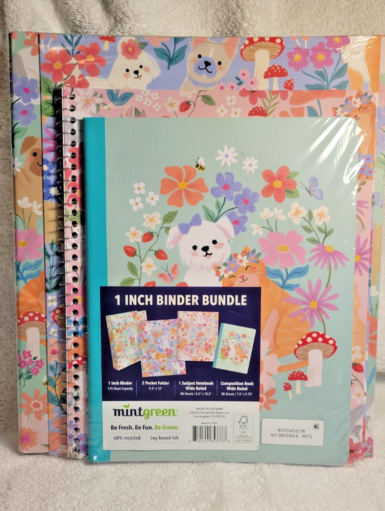 CUTE DOG & CAT BINDER BUNDLE WITH BINDER, FOLDER , NOTEBOOK & COMPOSITION BOOK