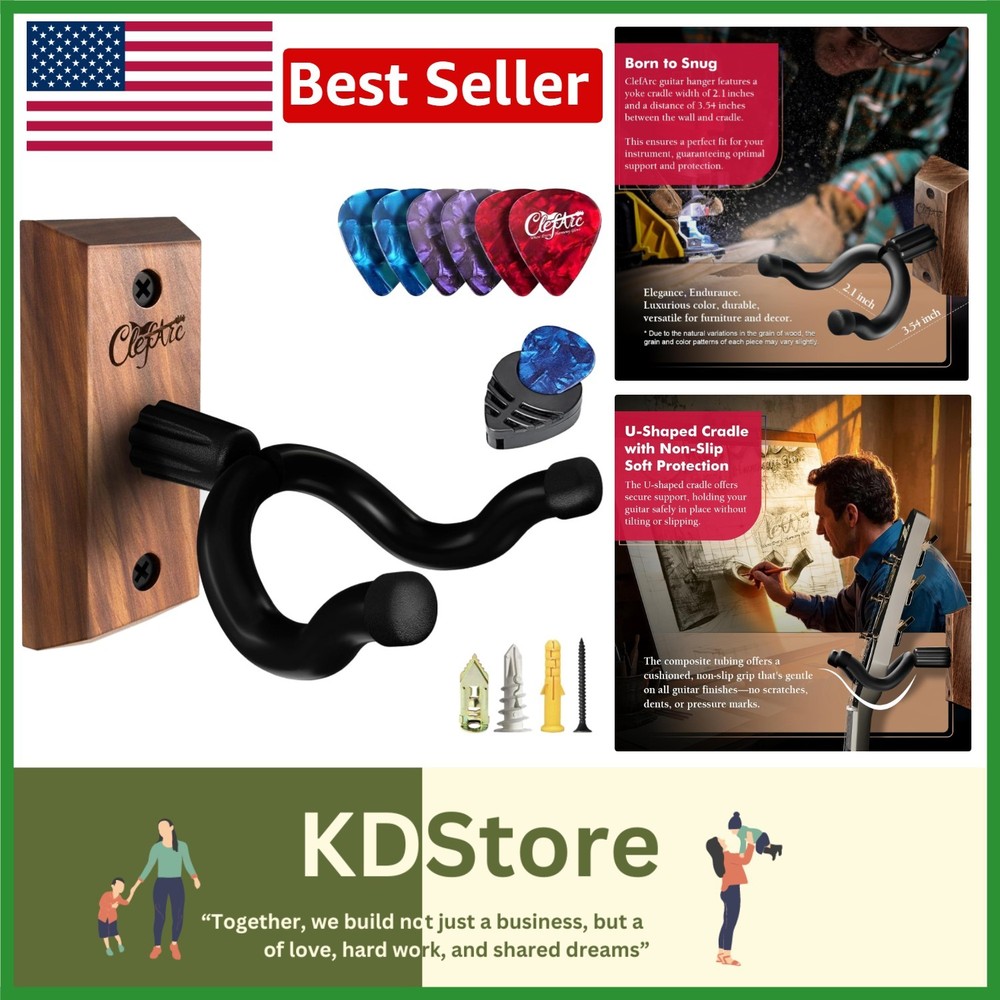Black Walnut Guitar Wall Mount with Picks & Hardware