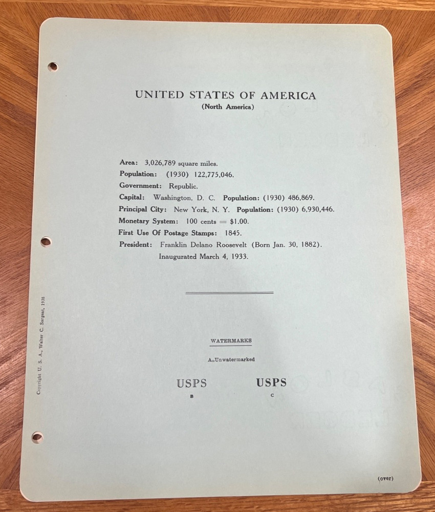 VINTAGE SARGENT LOOSE LEAF STAMP ALBUM PAGES #104 US COMMEMORATIVES, 1935-38+