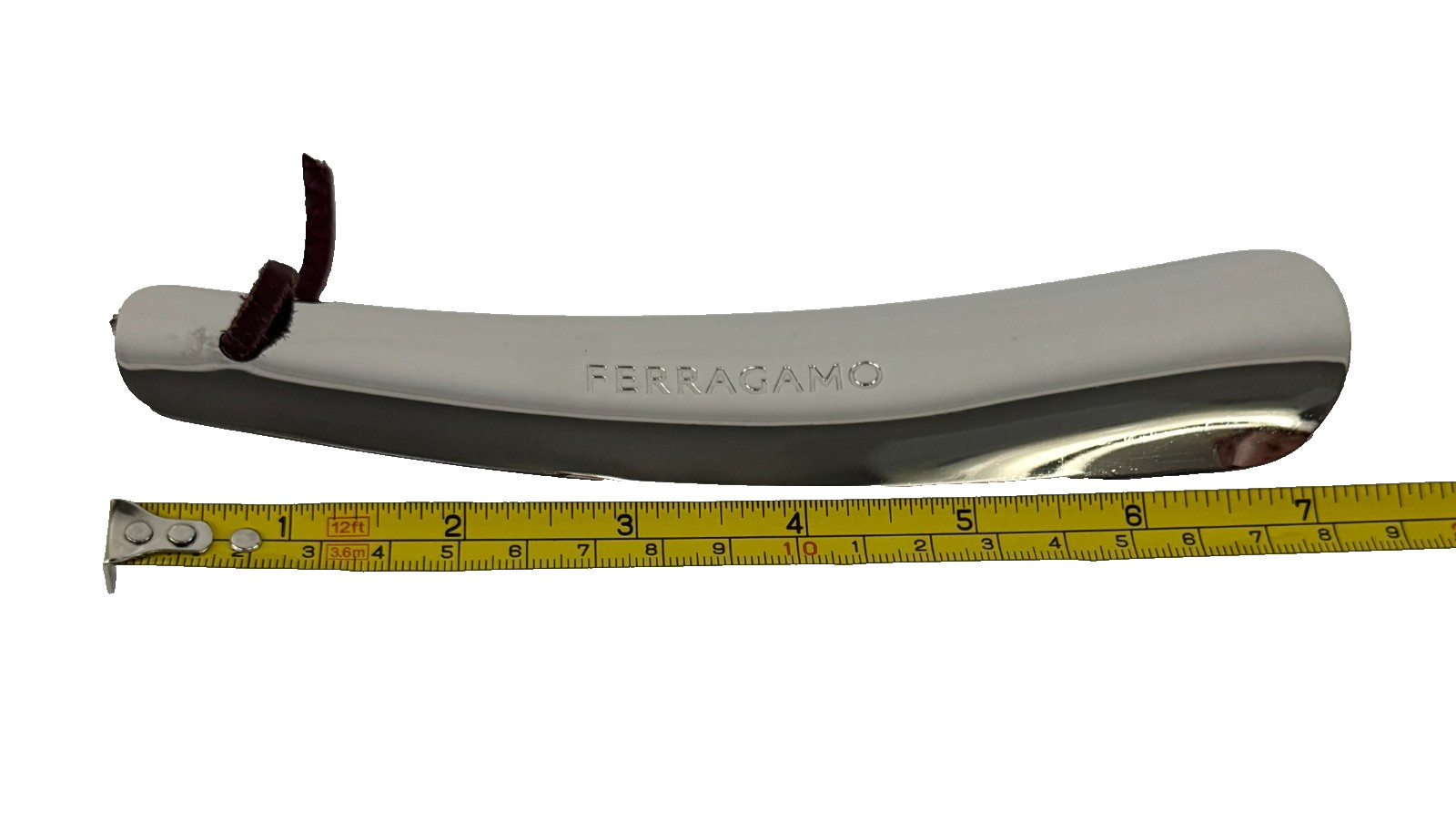 Salvatore Ferragamo New Silver Tone Metal Shoe Horn Leather Cord Strap Auth