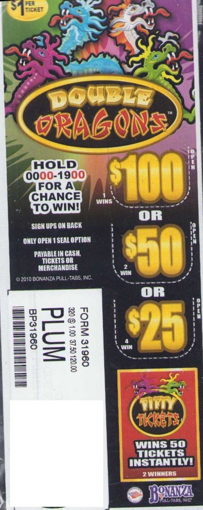 Pull Tab Tickets - Hard Card - Game - 5 Pack - Double Dragons - 320 ct ea