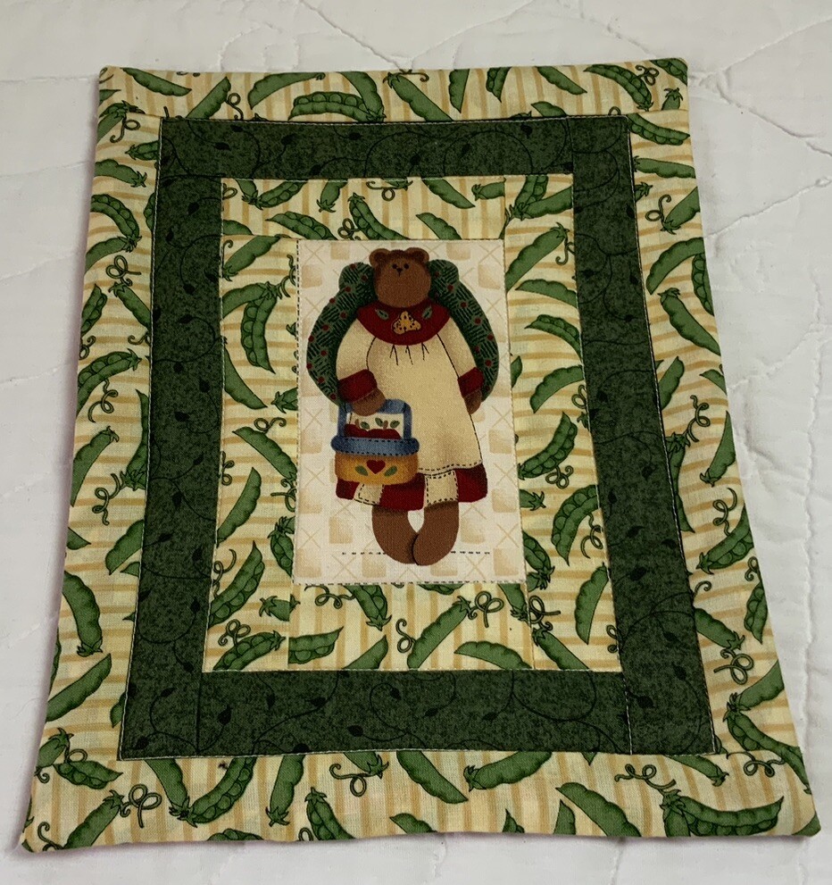 Small Patchwork Quilt Wall Hanging, Country, Rectangles, Bear In Center