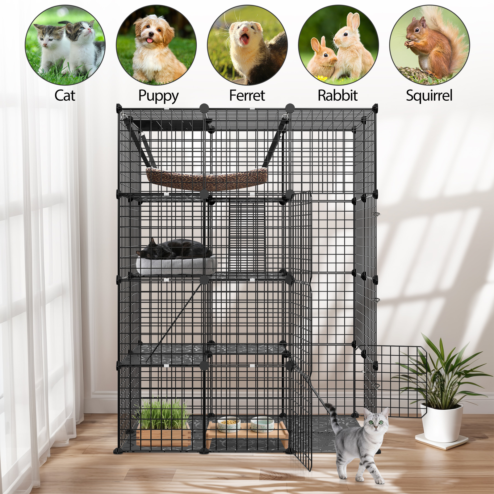 4-Tier Cat Cage Indoor Cats Pets Playpen Detachable Metal Wire Cat kennel Black