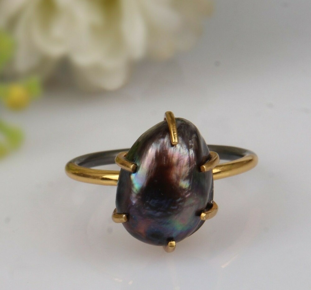 Peacock Black Pearl Engagement Ring 925 Sterling Silver Two Tone Stack Ring
