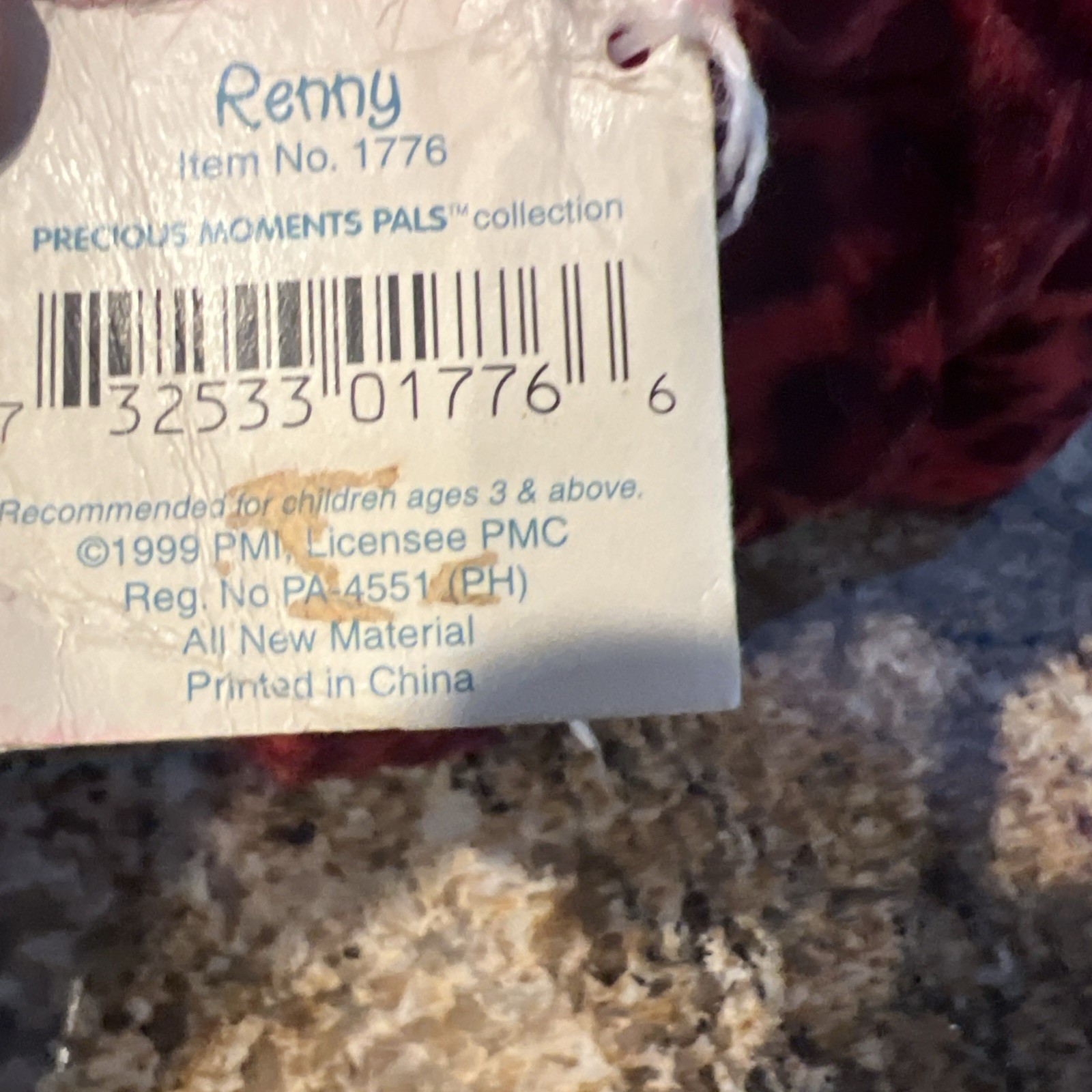 Vintage 1999 Renny the Rino Precious Moments Burgundy 6" Plush Tags