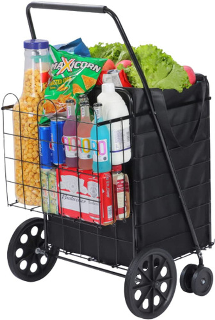 Folding Utility Shopping Cart with Double Basket & Swivel Wheels Easy Transport