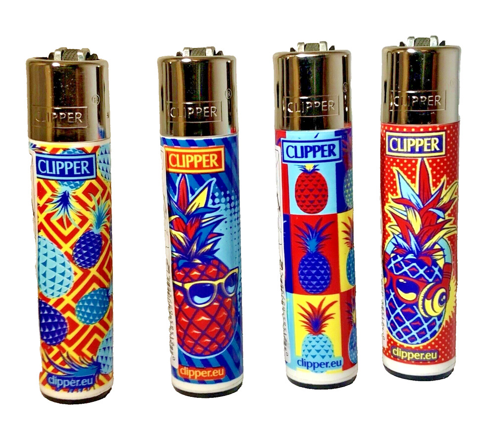 4 Pk Clipper Lighters Hipster Pineapple Design Refillable ReFlintable ReUseable