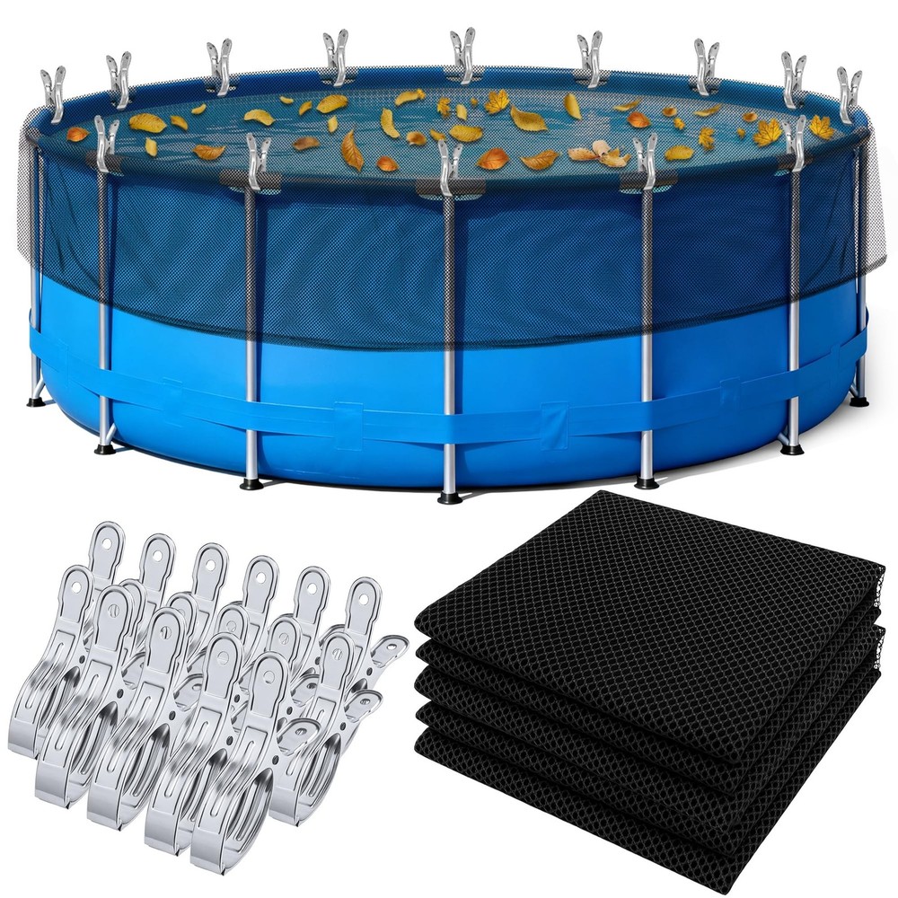 Pool Leaf Net Cover for Above Ground Pools, Round Pool Mesh Covers with 16 Pc...