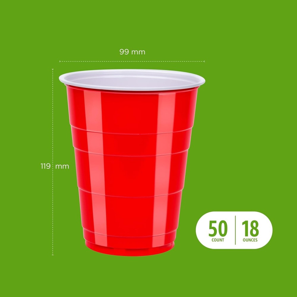 Basics Disposable Plastic Party Cups, Red, 18oz, 50 Count