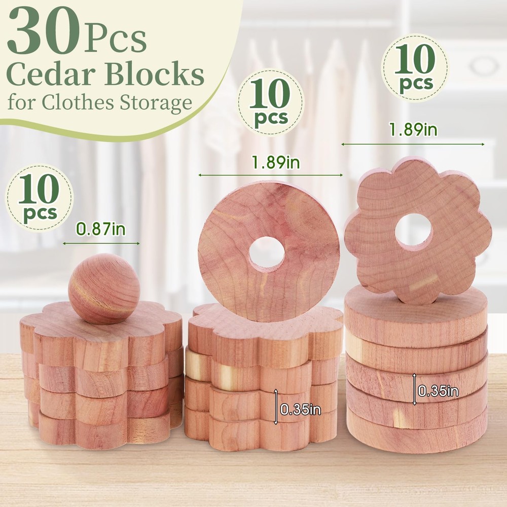 30 Pack Cedar Rings for Clothes Storage, Cedar Blocks
