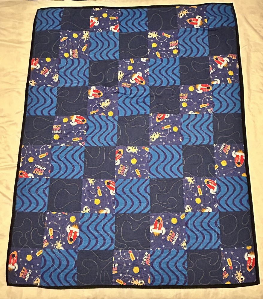 Handmade Patchwork Quilt Throw 47”x36” blue with space/rocket ships