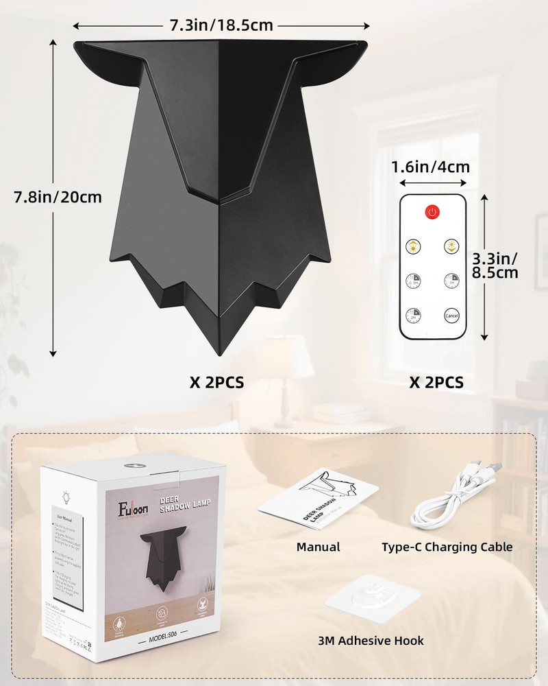 Antler Night Light with Remote Control, Adjustable Deer Wall Lamp Battery Ope...