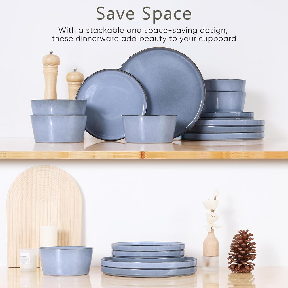 12-Piece Stoneware Dinnerware Set 4 Dinner Plates & Bowls Sets Double Reactive
