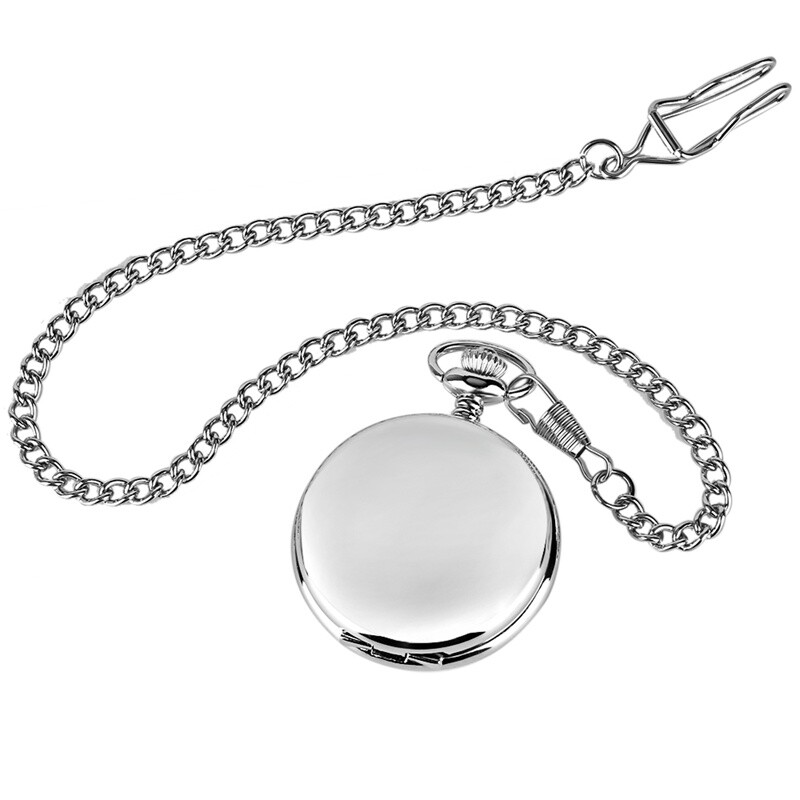 Silver Smooth Quartz Pocket Watch Roman Numerals Dial Fob Chain for Men Women