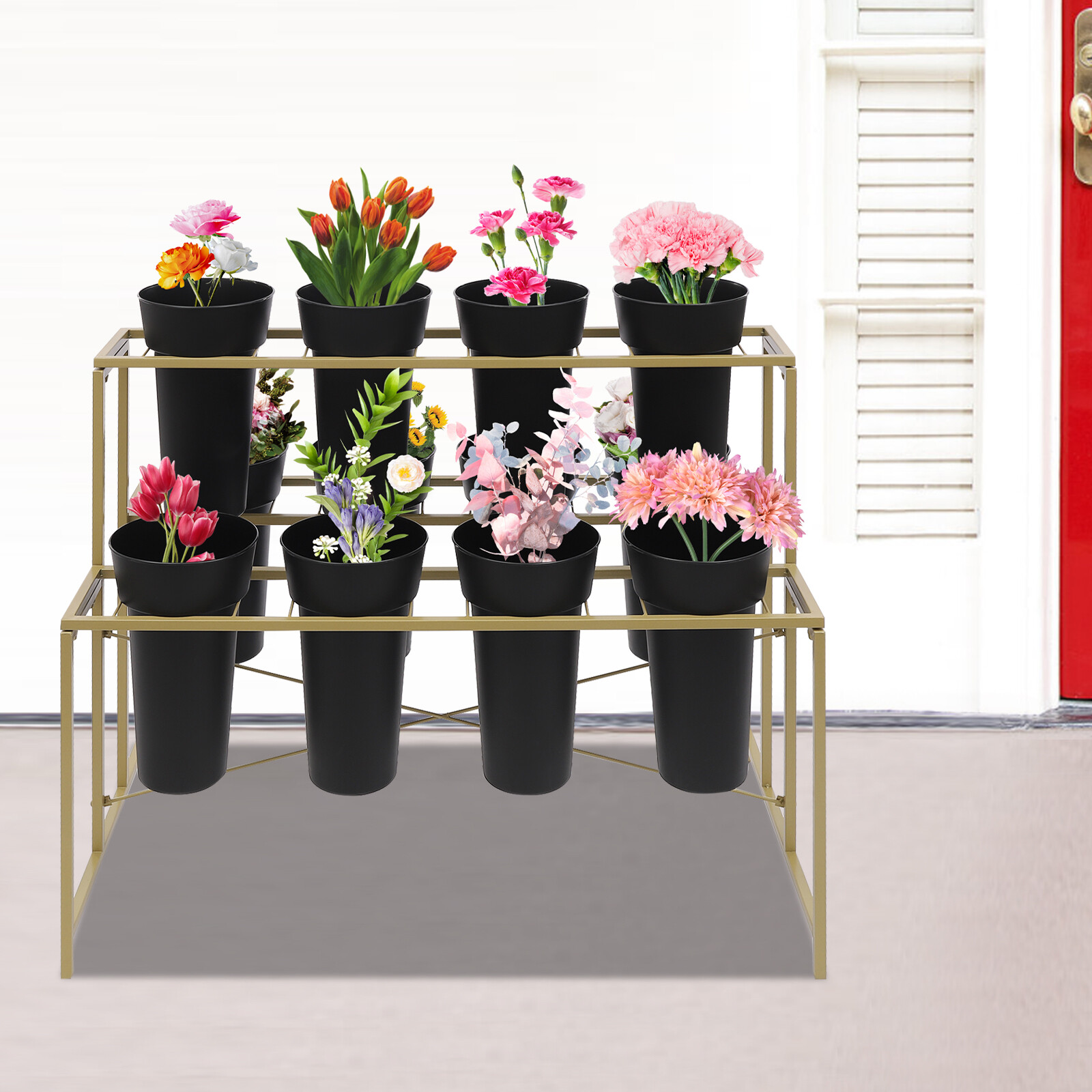 Flower Display Stand with 12 Pcs Buckets, 3 Tier Metal Stand, Indoor & Outdoor