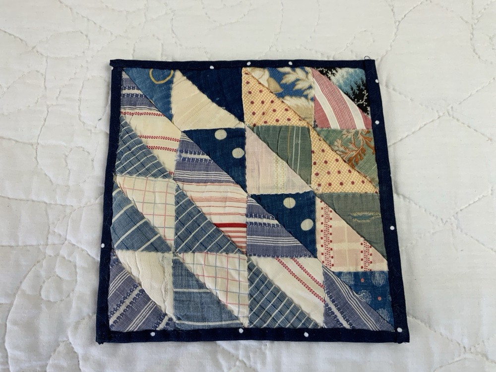 Antique Vintage Patchwork Quilt Table Topper Or Doll Crib Quilt, Triangles, Blue