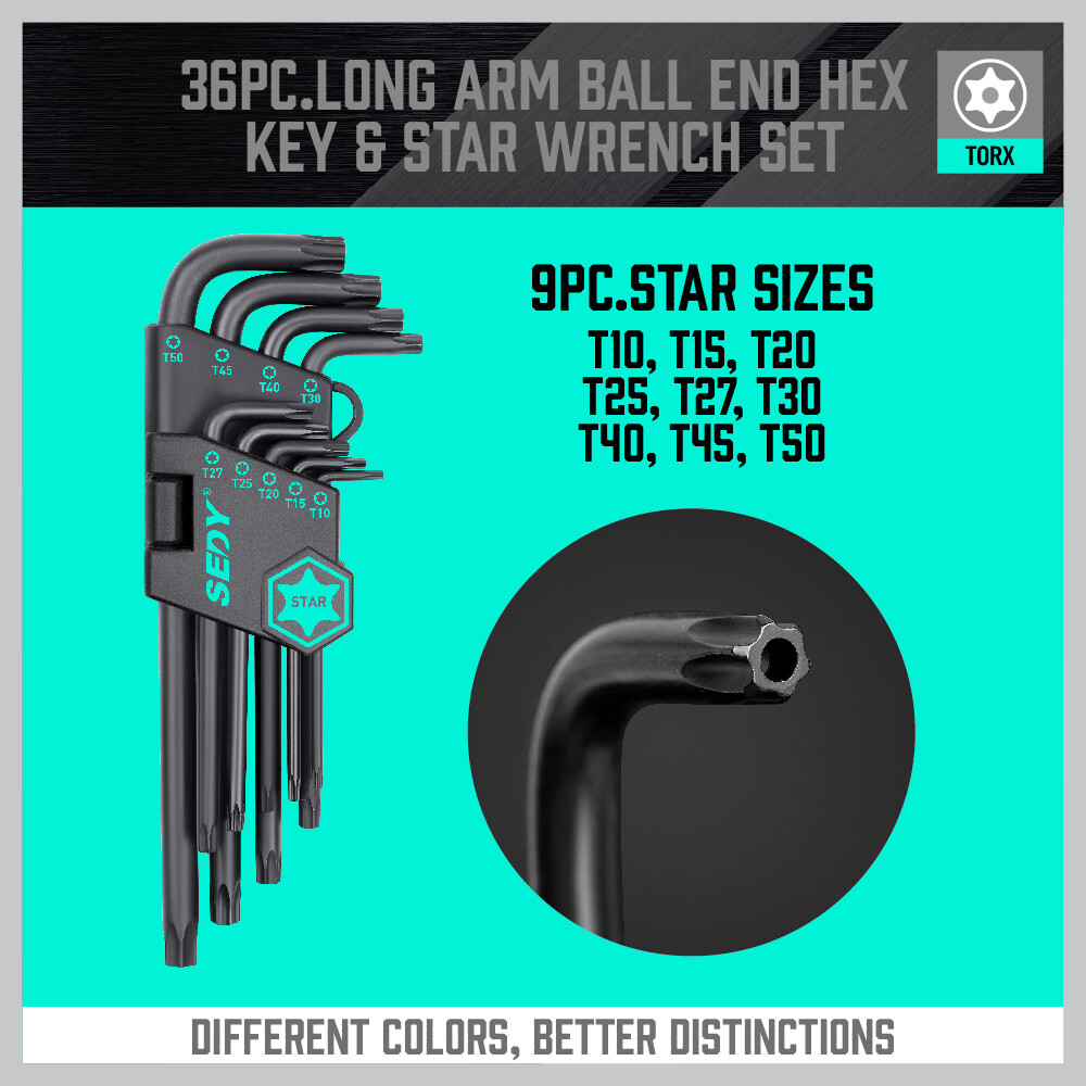 36 PC Long Arm Ball End Hex Key Allen Wrench Set Inch Metric Star With Bag Gift