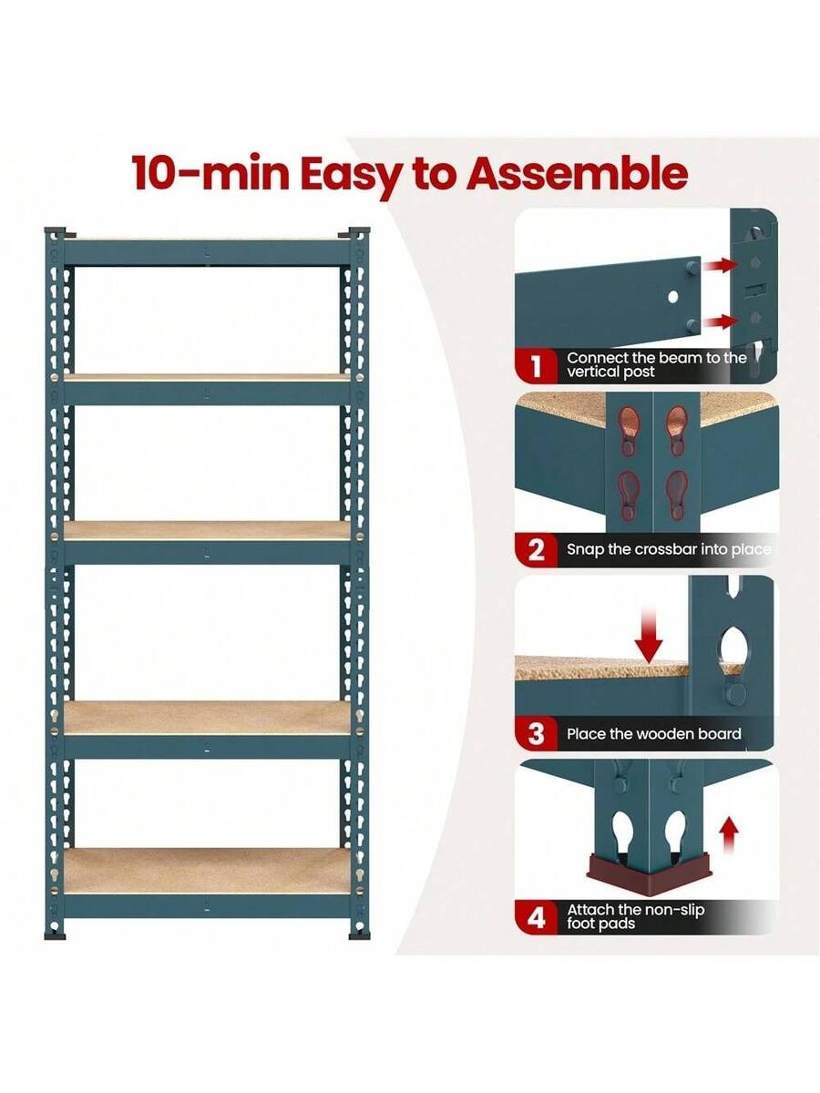 5-Tier Boltless Adjustable Metal Shelving Unit MDF Shelves for Garage Store