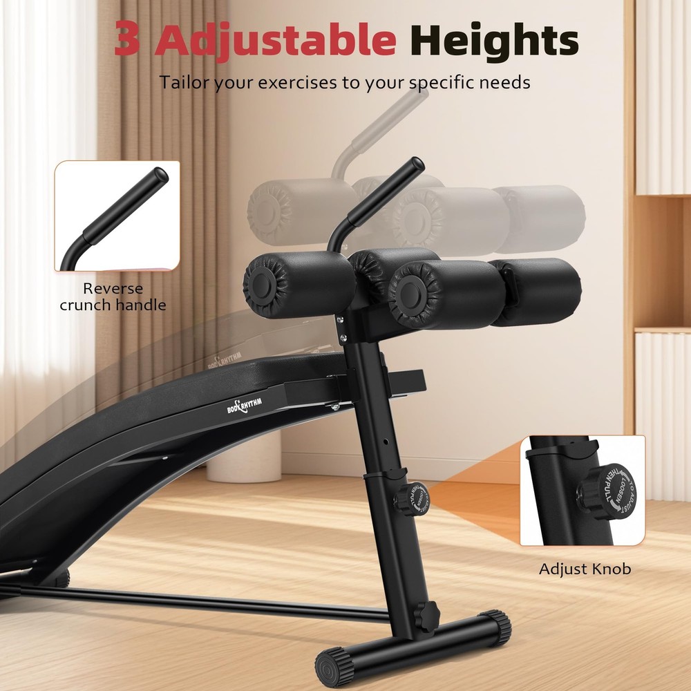 Sit Up Bench with 4 Adjustable Heights and Reverse Crunch Handle, Curved Ab Work