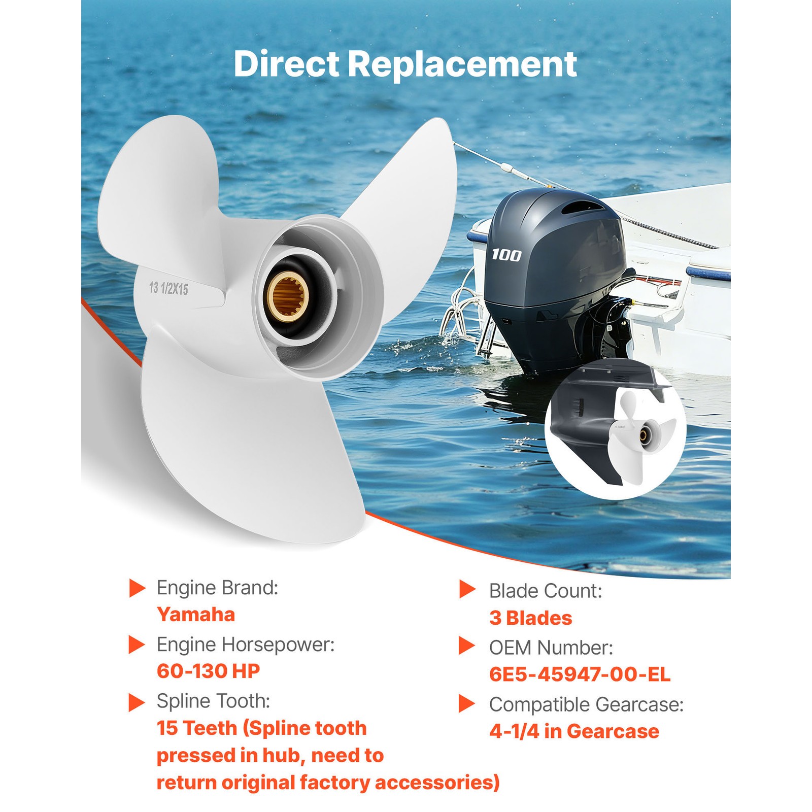 13 1/2 x 15 Aluminum Outboard Propeller for Yamaha Engines 60-130HP 15'' Pitch