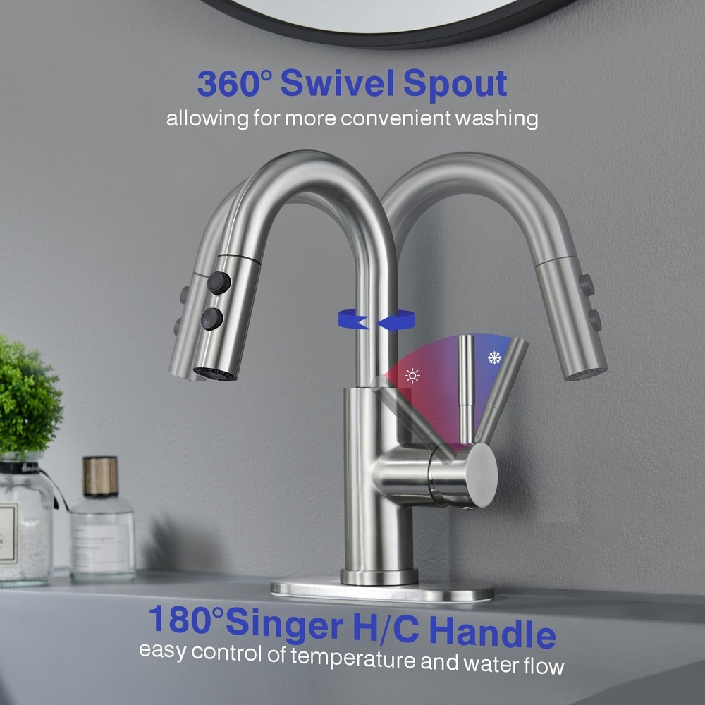 Bathroom Sink Faucet with Pull Down Sprayer, Brushed Nickel Single Handle Pul...