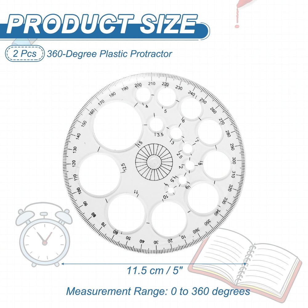 360-Degree Plastic Protractor, 2Pcs Circle Template Supplies, Transparent