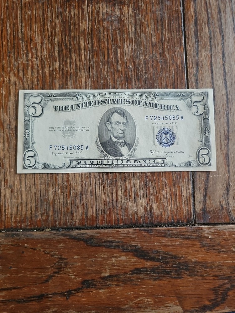 1953-B $5 Silver Certificate XF/VF Blue Seal Note Possible Error Note