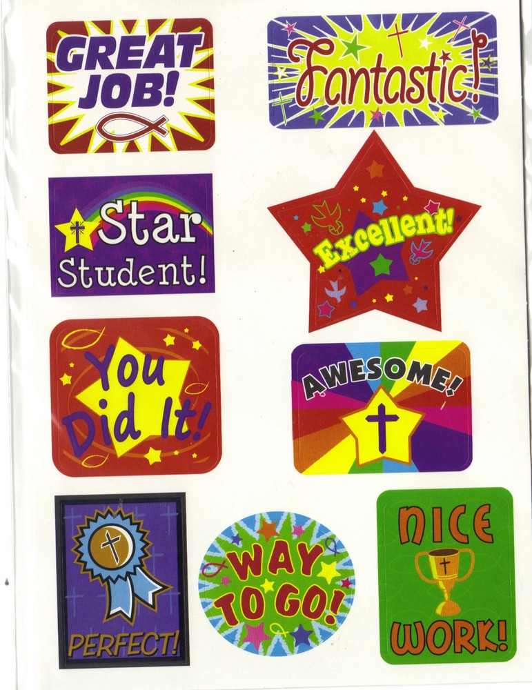 4 Sheets  Inspirational "Assorted Kids Stickers Awesome Great Job nice work