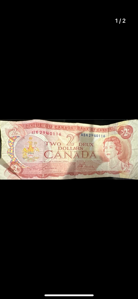 1974 CANADA $2 DOLLAR NOTE "OTTAWA" SERIAL#ABK2940116