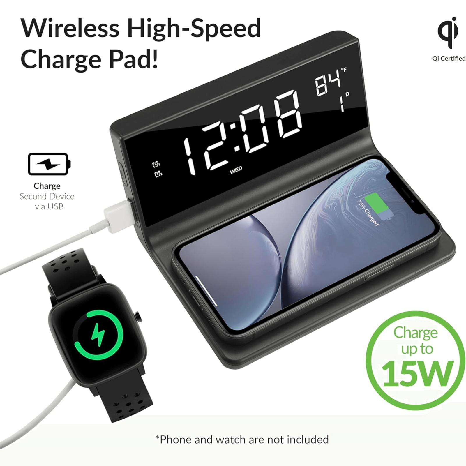 Supersonic Dual Alarm Clock with 2-in-1 Wireless Charger w 4 Brightness Levels