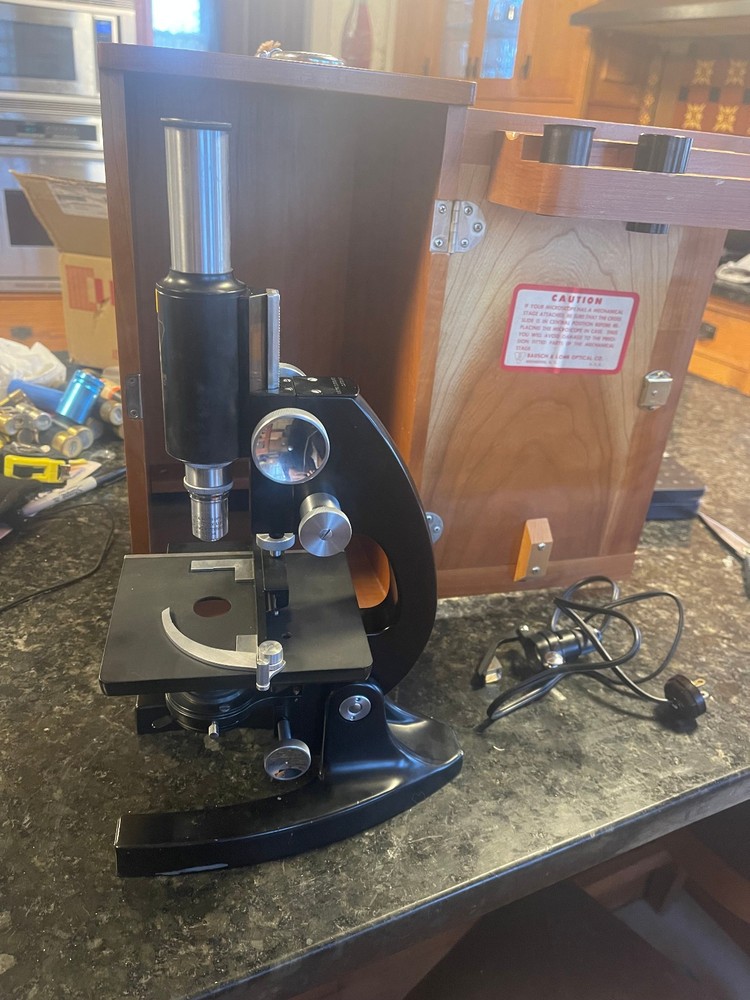 Antique Bausch & Lomb Microscope With Original Wooden Case Optics